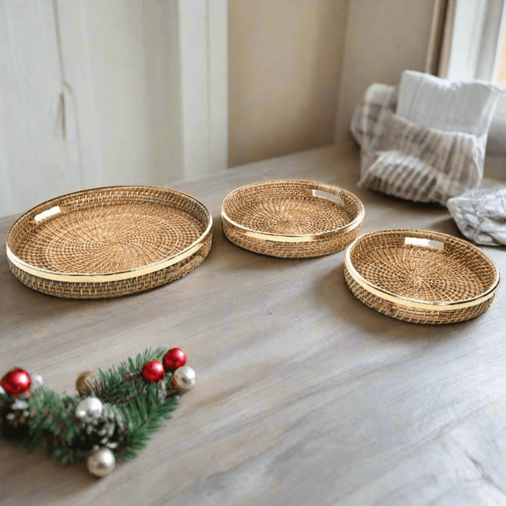 Vassoi in rattan con bordatura in ottone per decorazione ambienti set da 3 - 2
