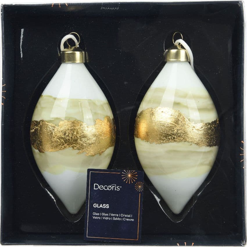 Palline per albero di Natale con forma ovale in vetro bianco e oro decorazione natalizia, 2 pezzi - 2