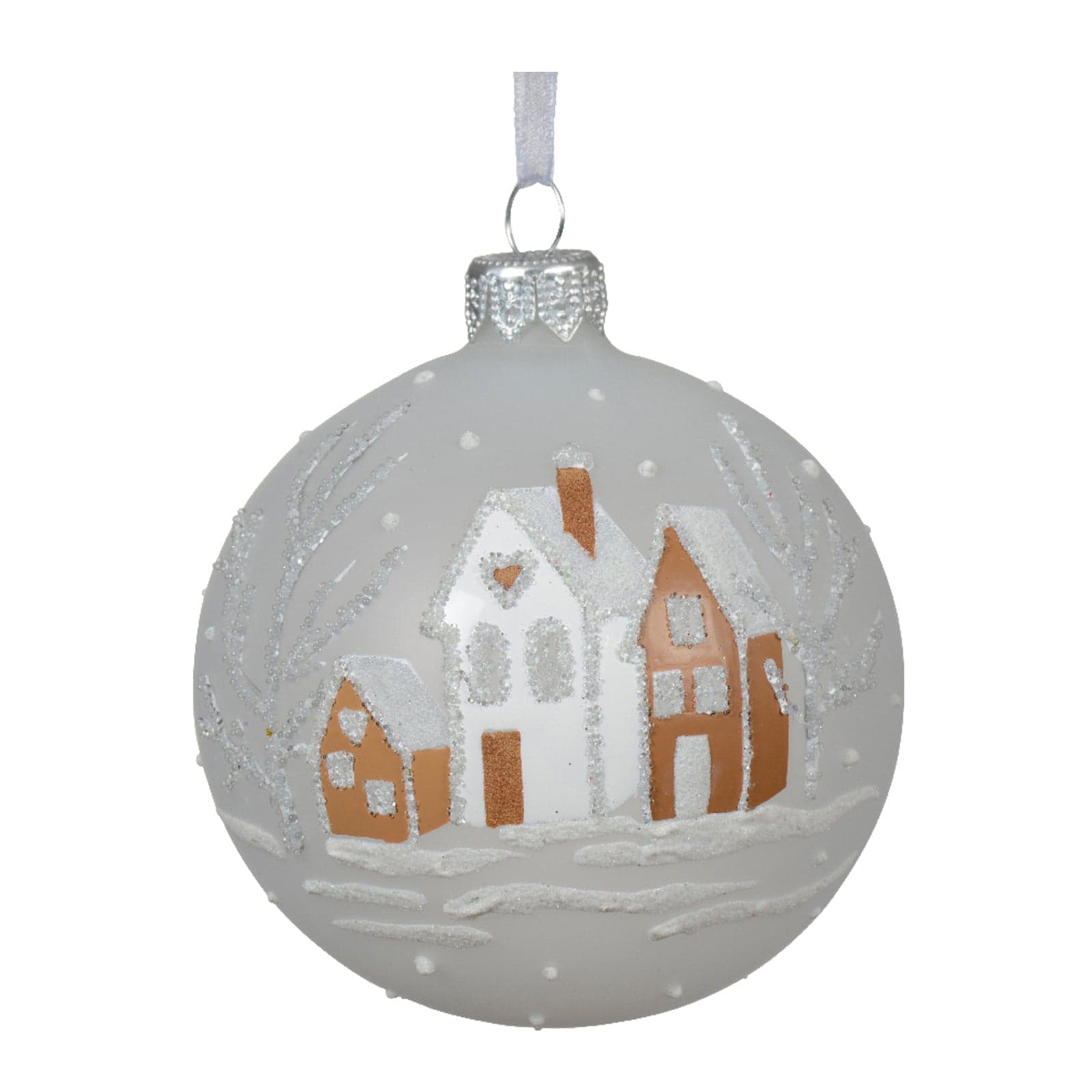 Palline per albero di Natale in vetro decorate bianca con con case innevate, 6 pezzi