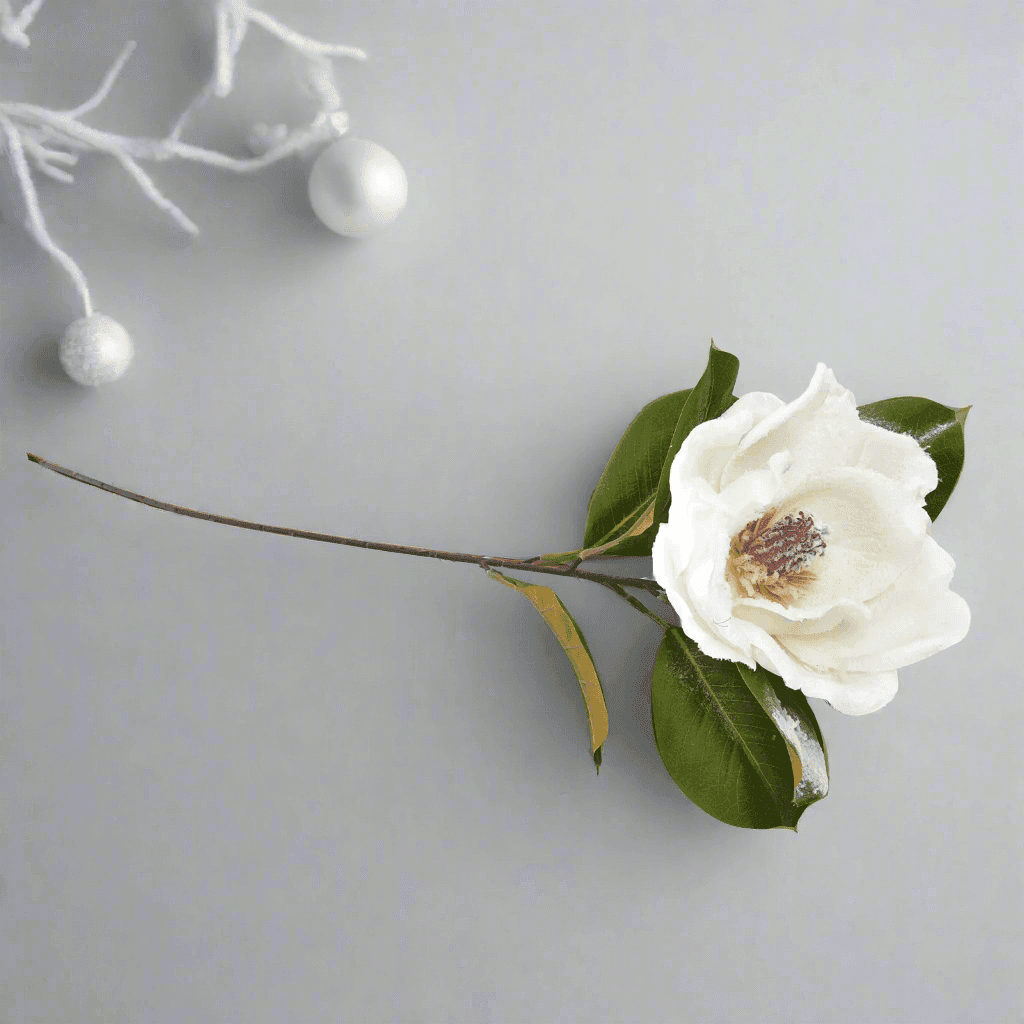 Fiore camelia innevata in tessuto decorazione ambienti h 71 cm - 3