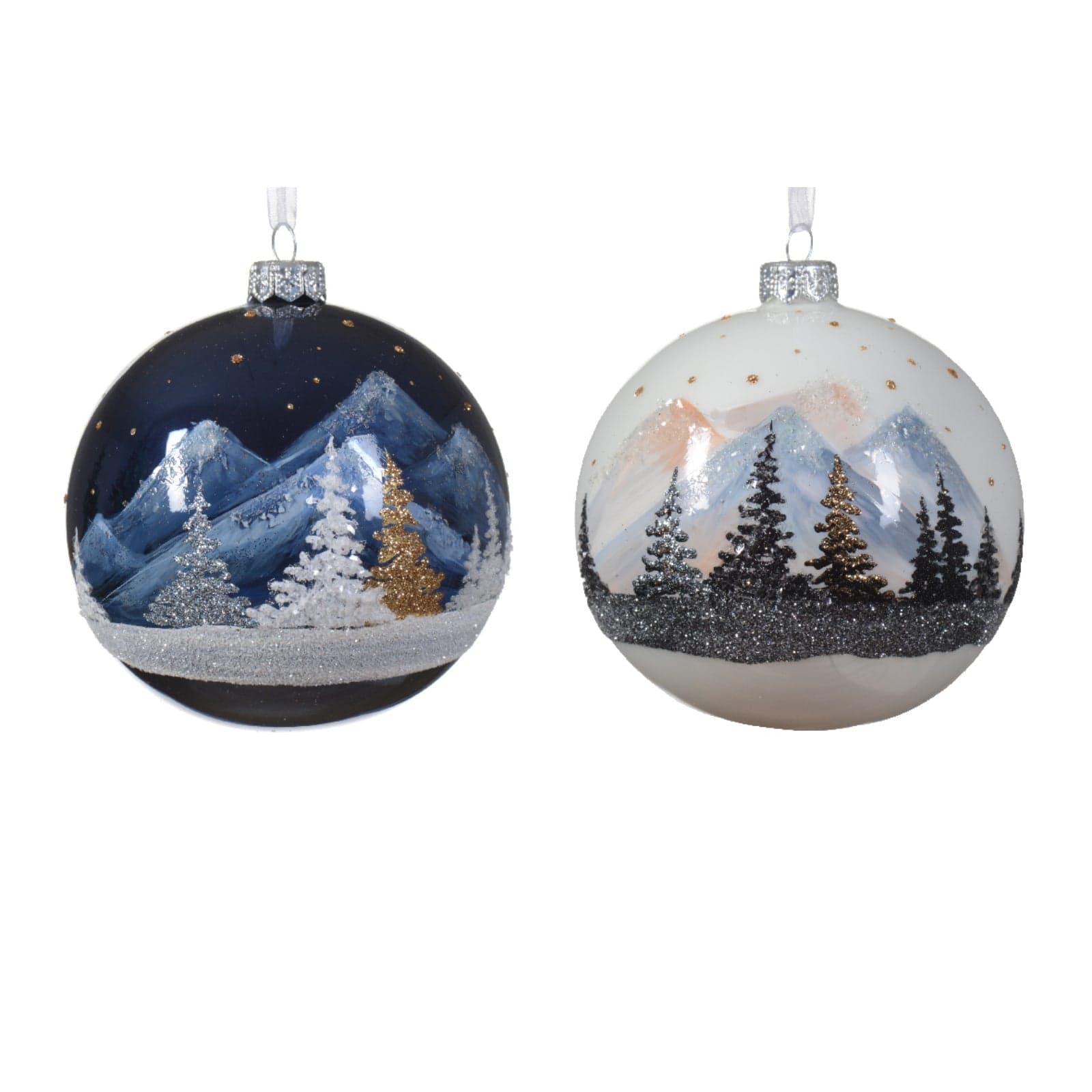 Palline per albero di Natale in vetro bianca e blu con paesaggio innevato da 10  cm - 1