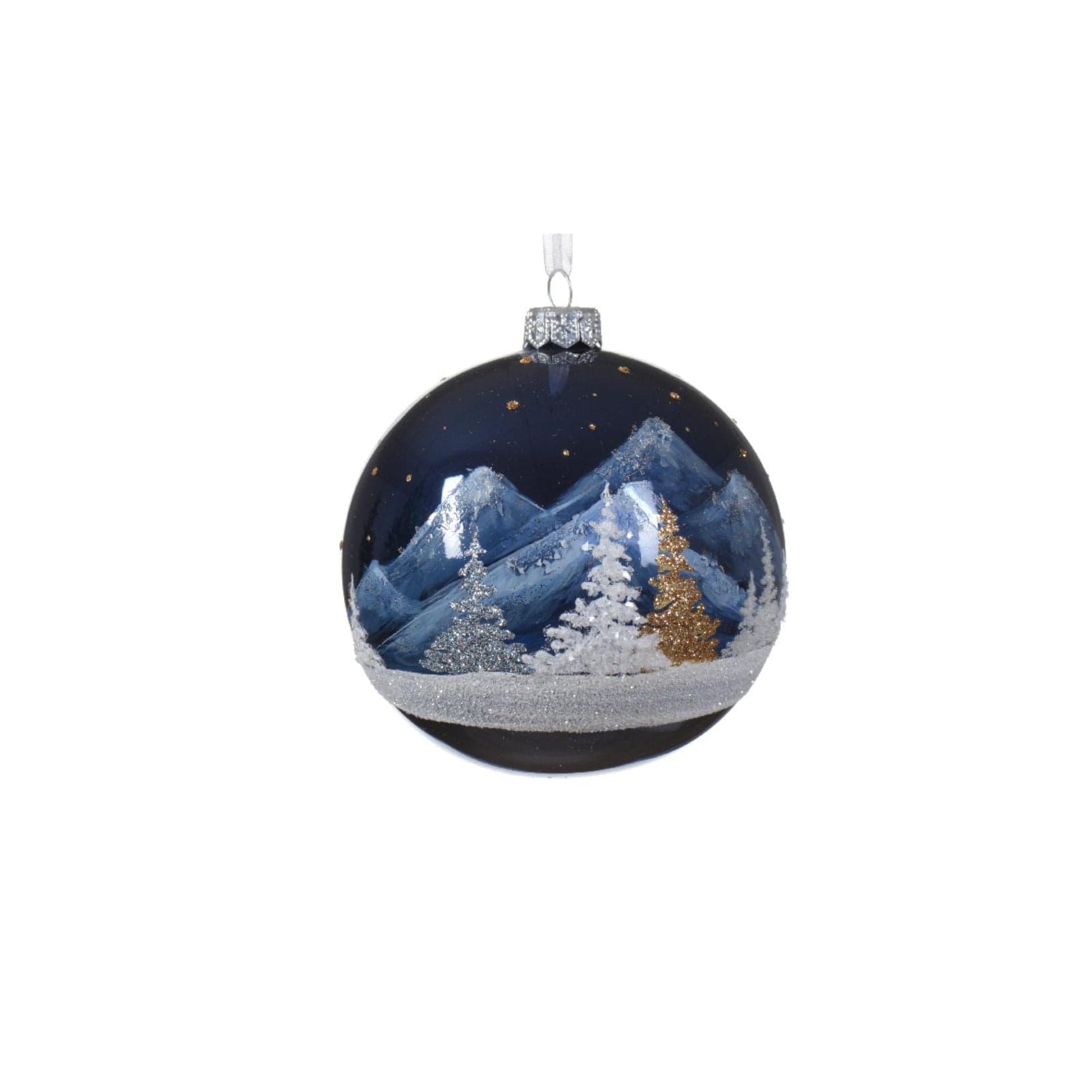 Palline per albero di Natale in vetro bianca e blu con paesaggio innevato da 10  cm - 4
