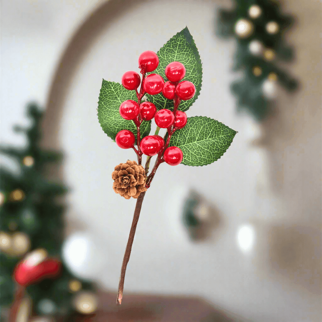 Rametto natalizio con bacche rosse e foglie decorative h 21 cm - 5