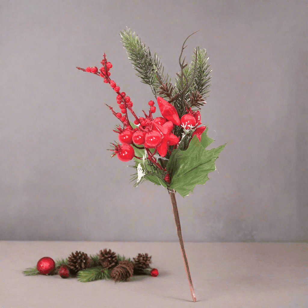 Rametto natalizio con bacche rosse e foglie decorative h 26,5 cm - 4