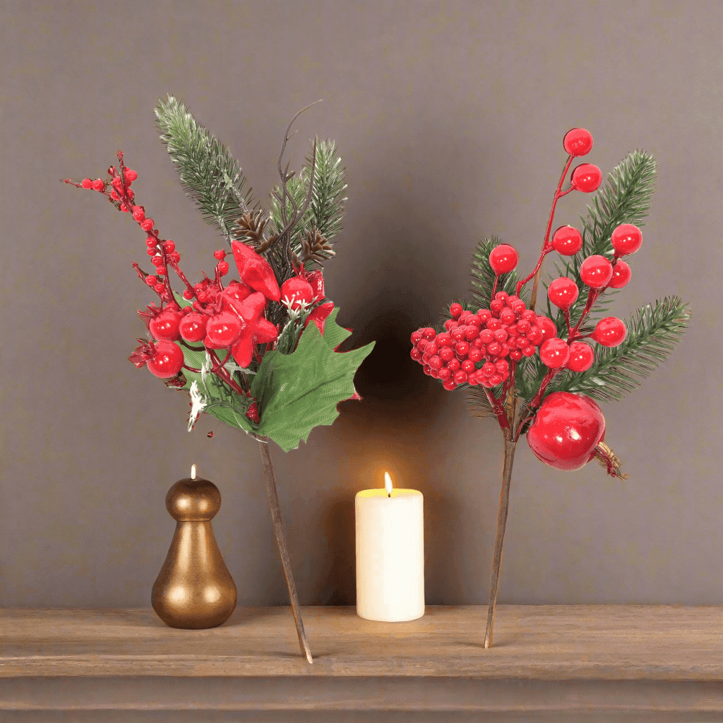 Rametto natalizio con bacche rosse e foglie decorative h 26,5 cm - 6