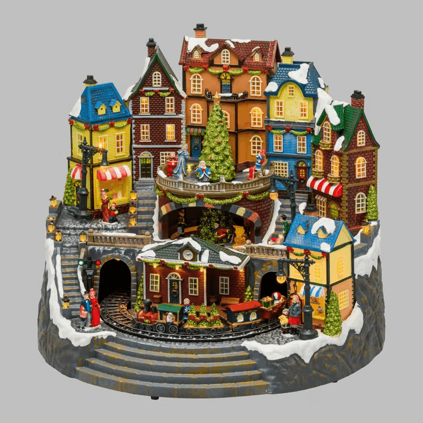 Villaggio di Natale, Stazione con Trenino in movimento e Albero di Natale rotante, h 38 cm, musiche natalizie - 2