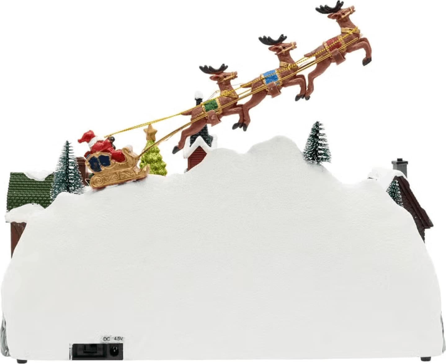Paesaggio natalizio con Babbo Natale su slitta volante e pattinatori in movimento, led multicolor - 5