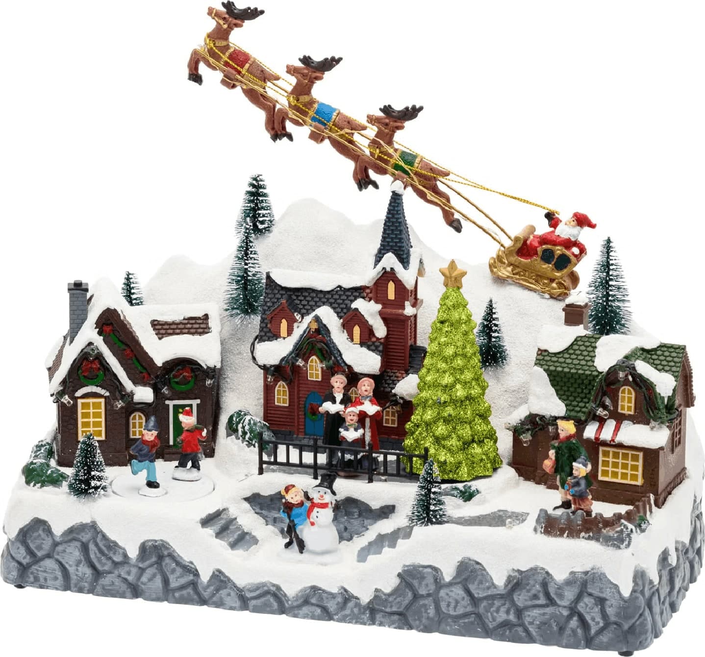 Paesaggio natalizio con Babbo Natale su slitta volante e pattinatori in movimento, led multicolor - 7
