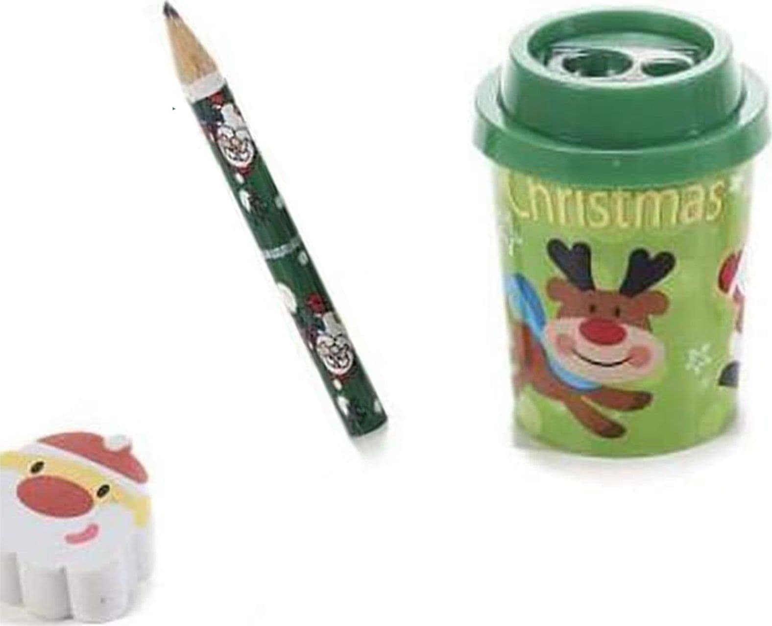 Set cancelleria segnaposto natalizio con matita, gomma e temperino per bambini - 2