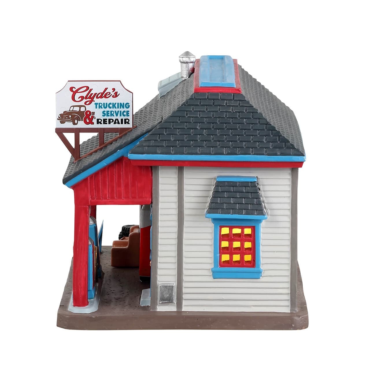 Decorazione "Clyde's Trucking Service & Repair" per Villaggio di Natale e presepe, in Porcellana da h 14,2 cm - 2