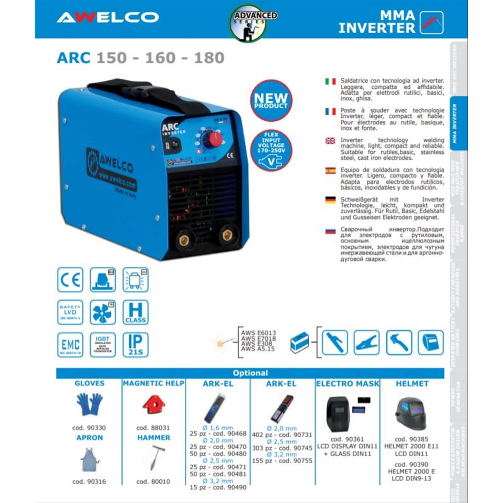 Saldatrice arc 180 awelco inverter elettrodi 4 mm con elmetto maschera lcd 7 kva - 4
