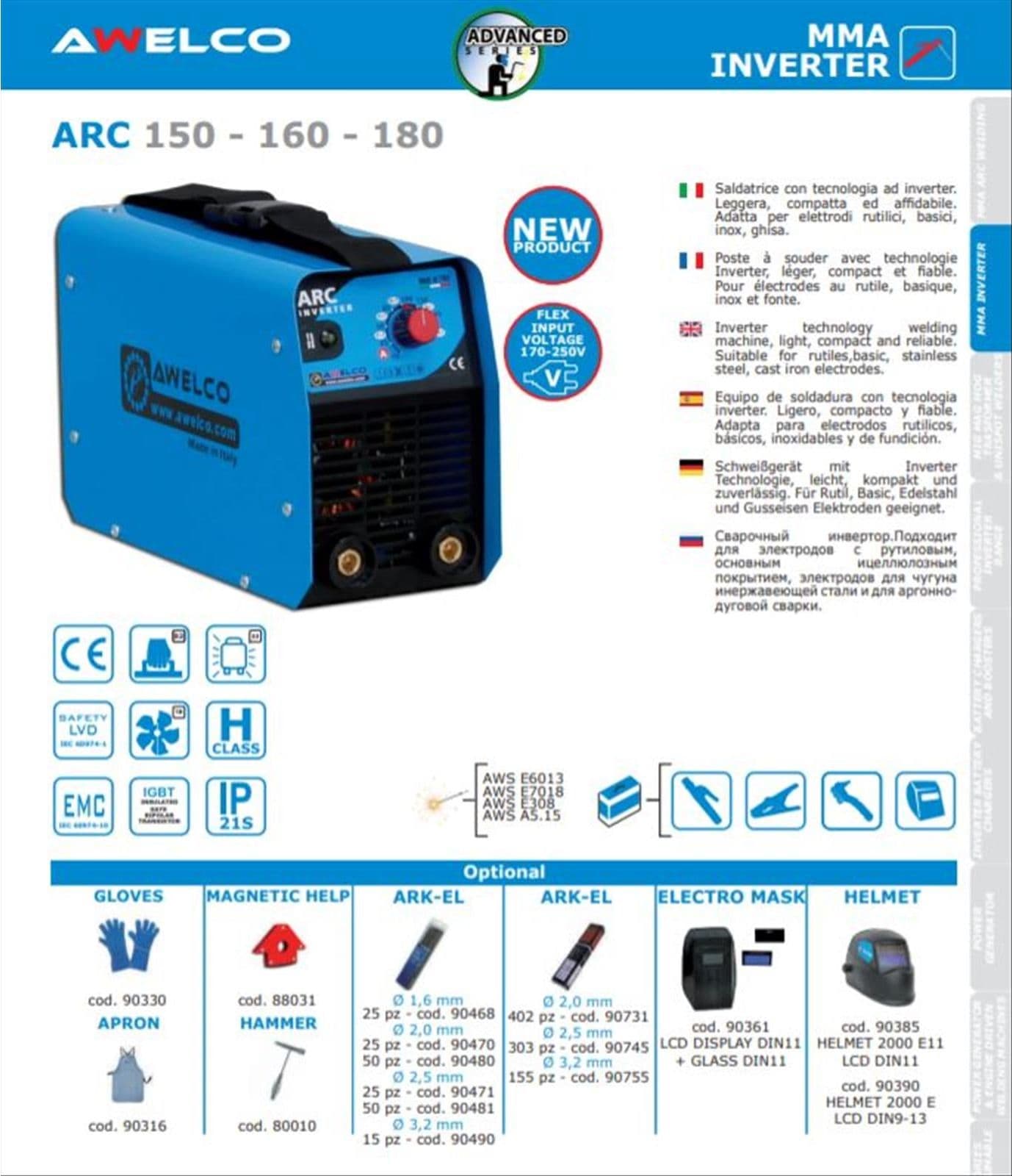 Saldatrice saldatrici arc 160 awelco inverter elettrodi 4 mm con elmetto maschera lcd 6 kva - 4