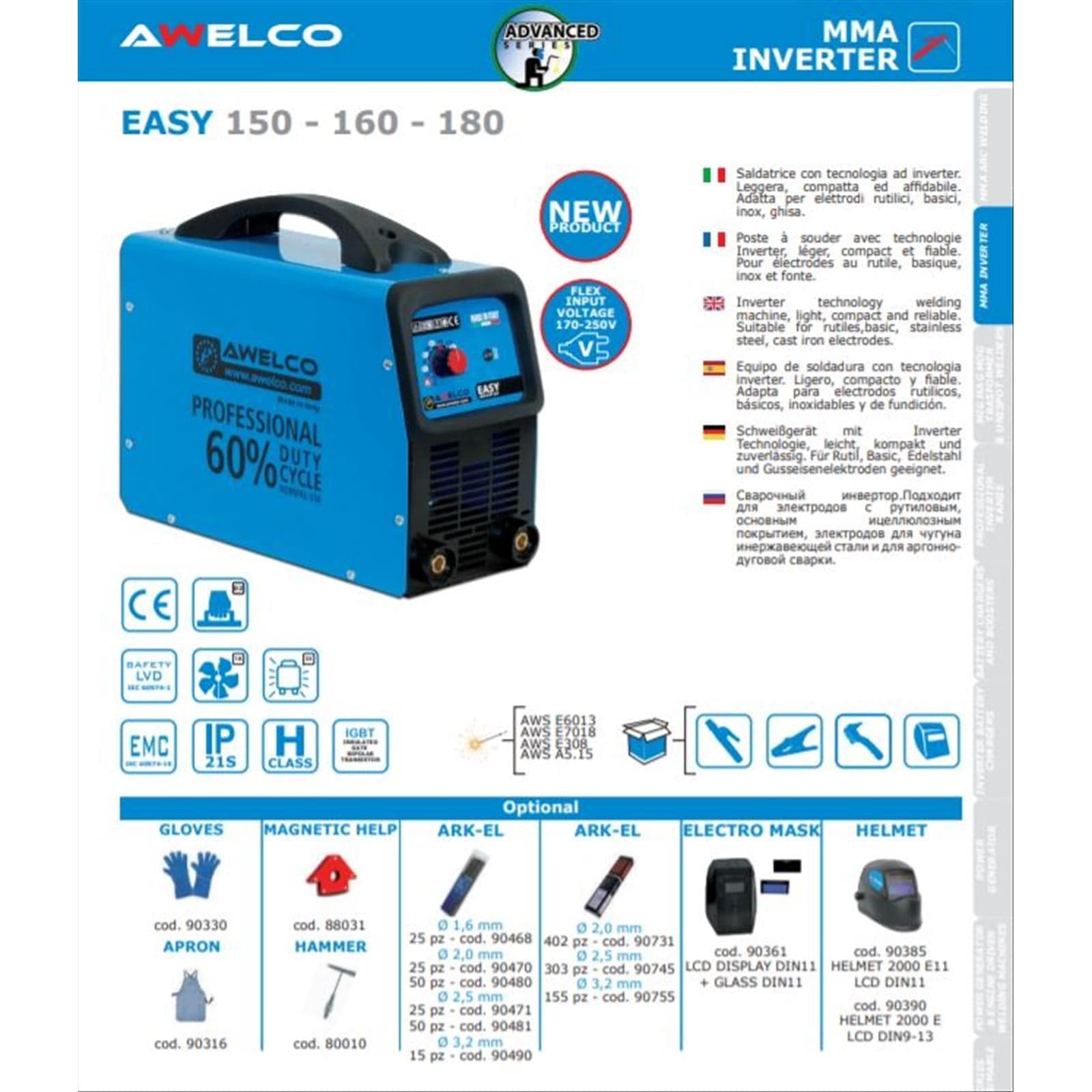 Saldatrice saldatrici easy 150 awelco inverter elettrodi 4 mm con maschera 5,5 kva - 2