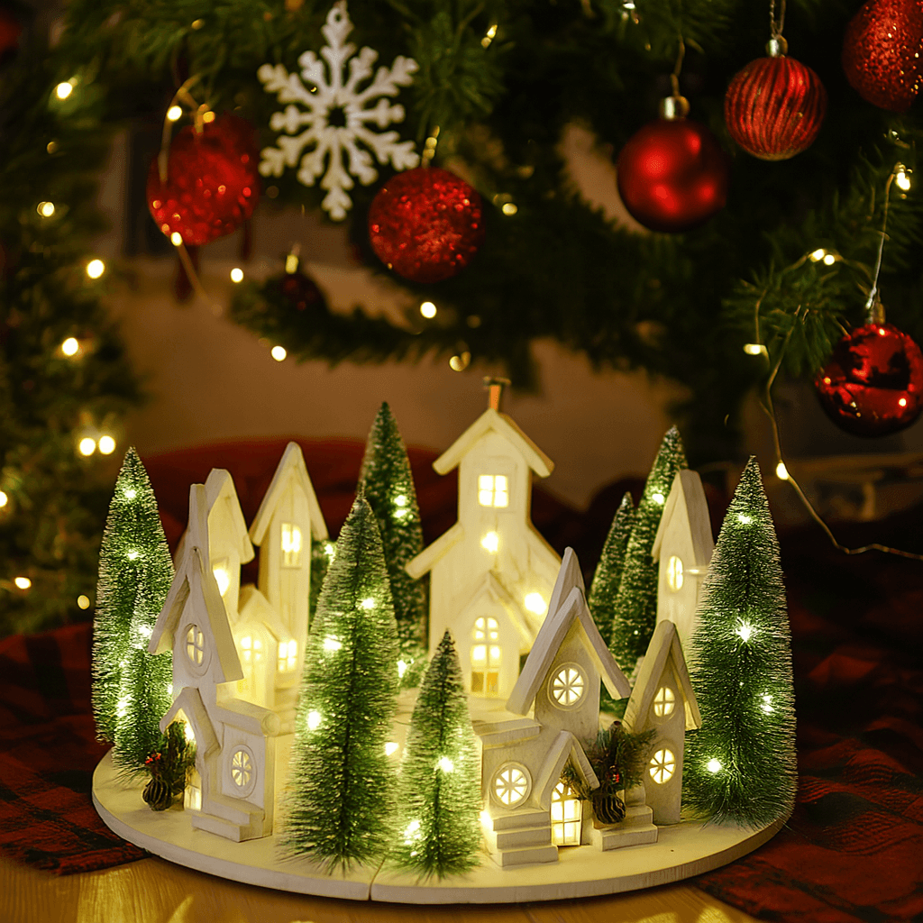 Paesaggio di natale in legno con luci a batteria sott'albero decorativo - 7