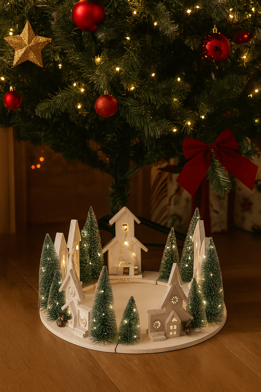 Paesaggio di natale in legno con luci a batteria sott'albero decorativo - 8
