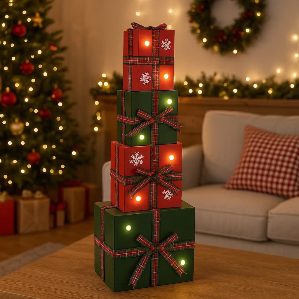 Composizione regali di natale in metallo con luci a batteria per decorazioni natalizie - 3