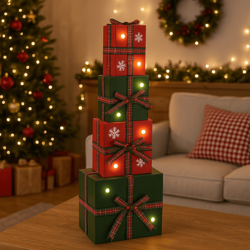 Composizione regali di natale in metallo con luci a batteria per decorazioni natalizie - 3