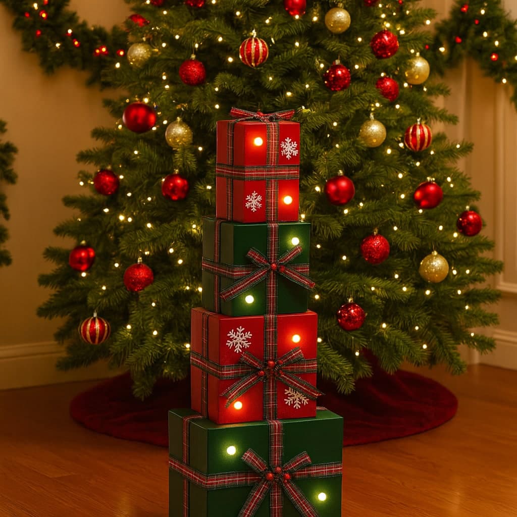 Composizione regali di natale in metallo con luci a batteria per decorazioni natalizie - 4