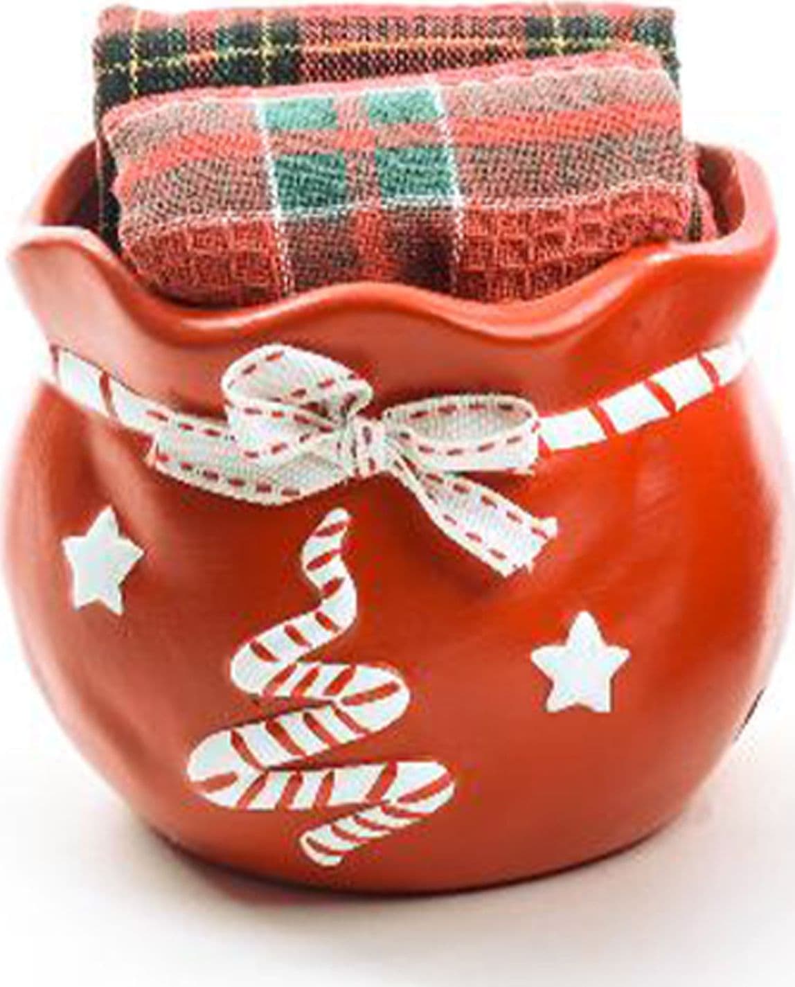 Vasetto in ceramica con 2 canovacci in tessuto per decorazioni natalizie - 2