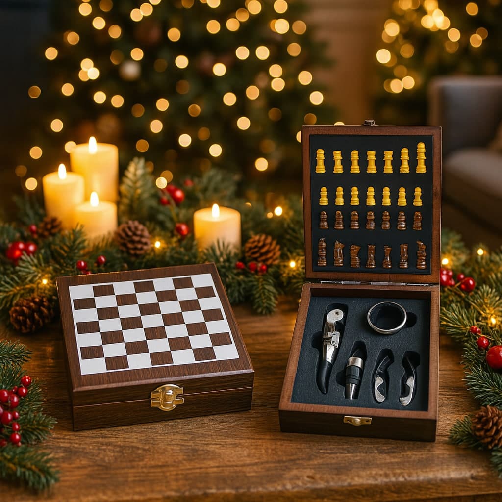 Set sommelier 4 accessori con scacchiera in acciaio e legno per decorazioni natalizie - 5