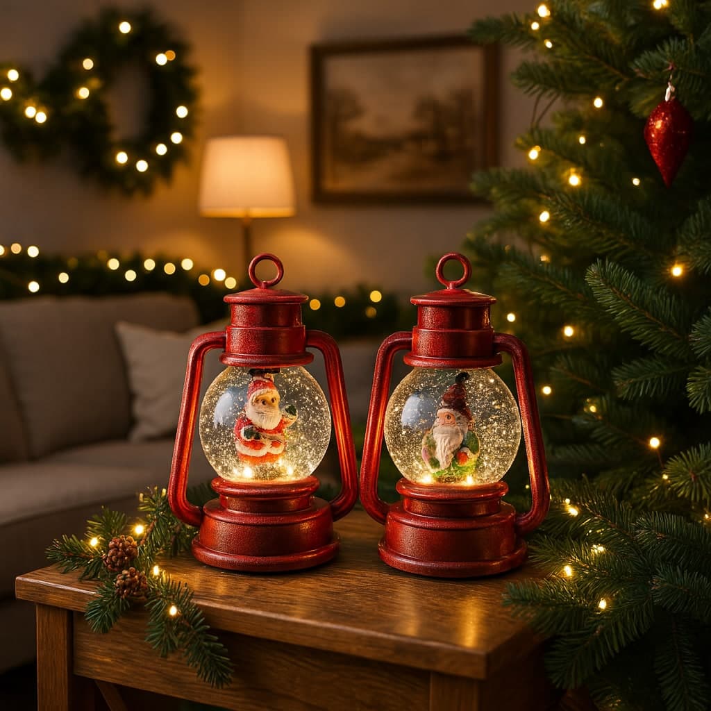 Lanterna natalizia rossa innevata con luci e musica per decorazioni natalizie - 4