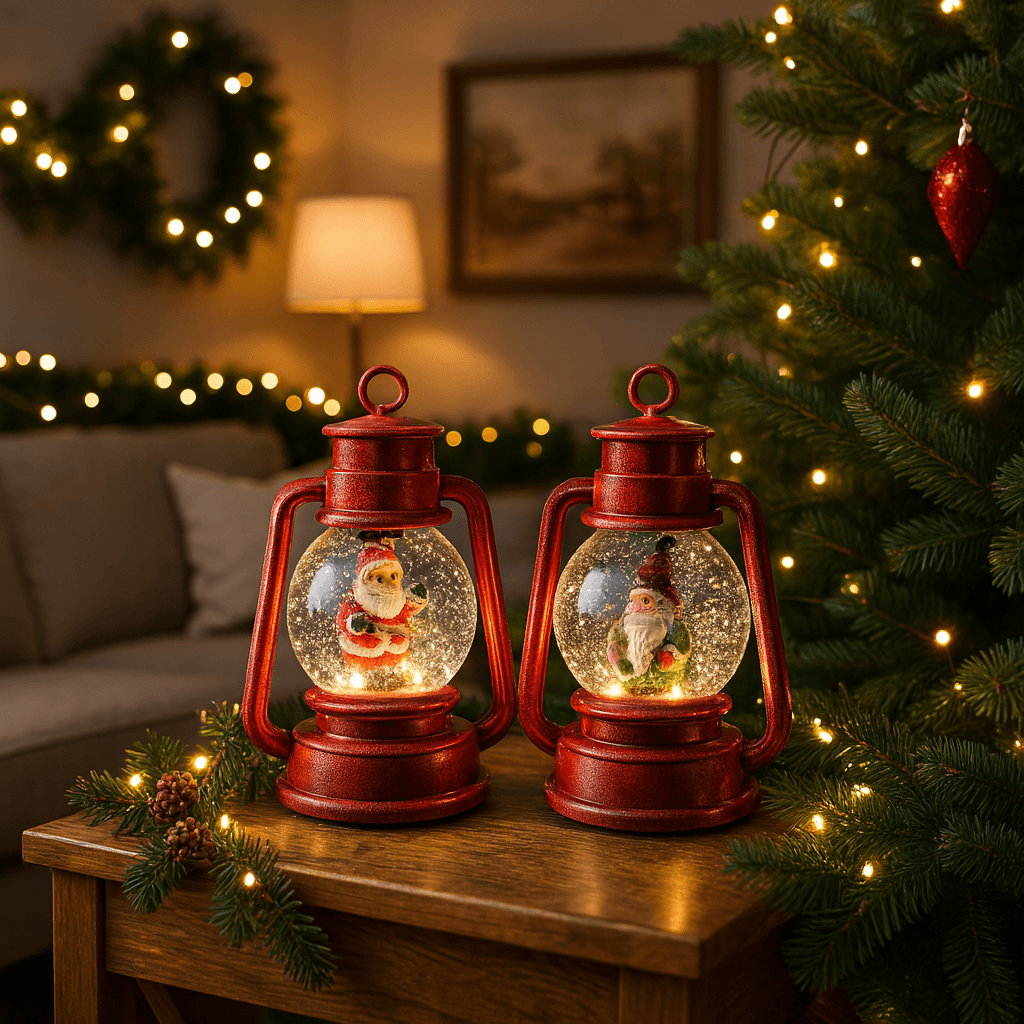 Lanterna natalizia rossa innevata con luci e musica per decorazioni natalizie - 4
