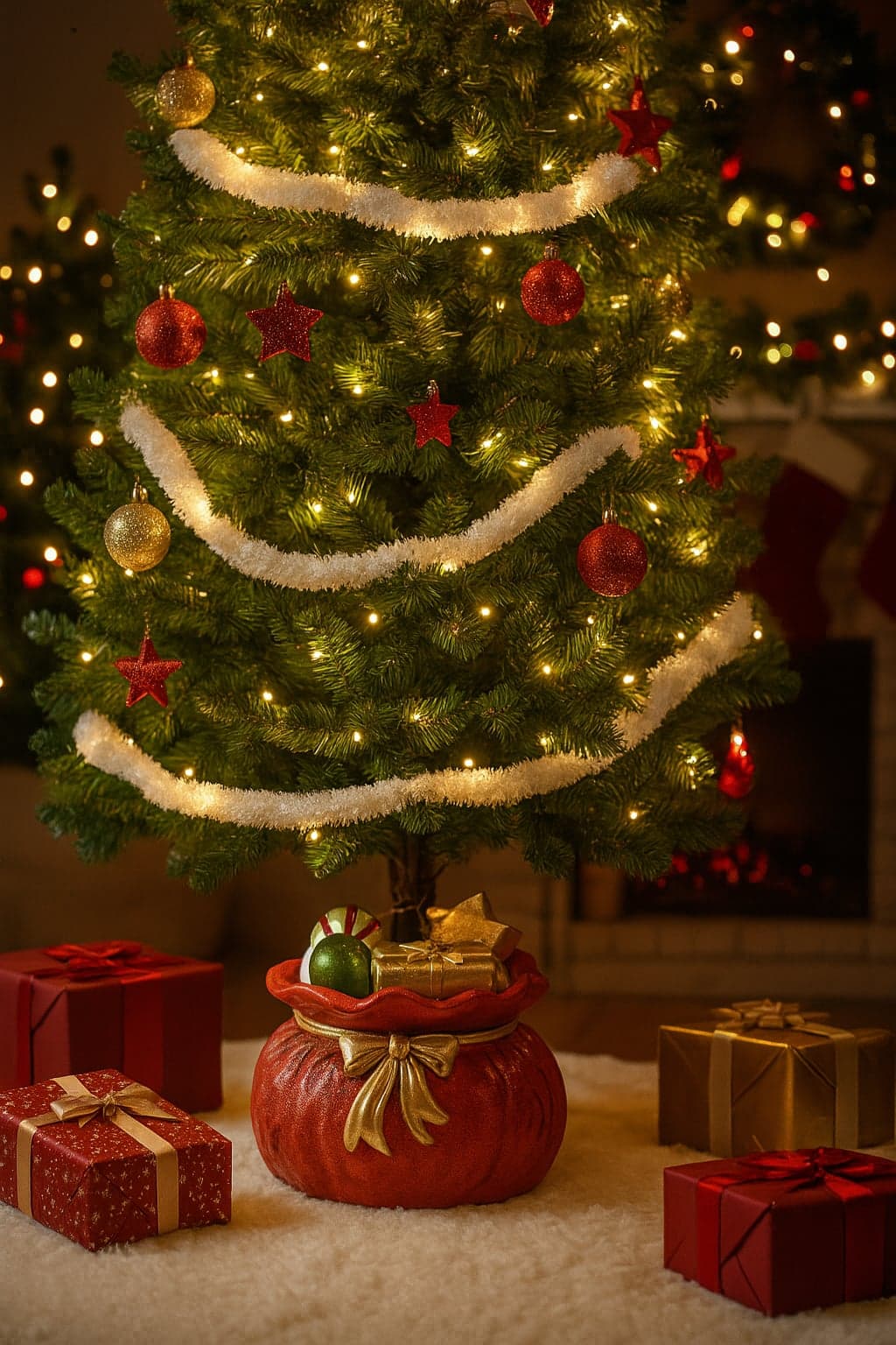 Base per albero di Natale sacco rosso in poliresina per decorazioni natalizie - 2