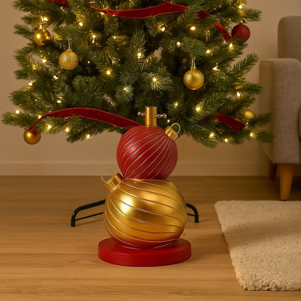 Base per albero di Natale palle natalizie rosso e oro in poliresina con tubo - 2