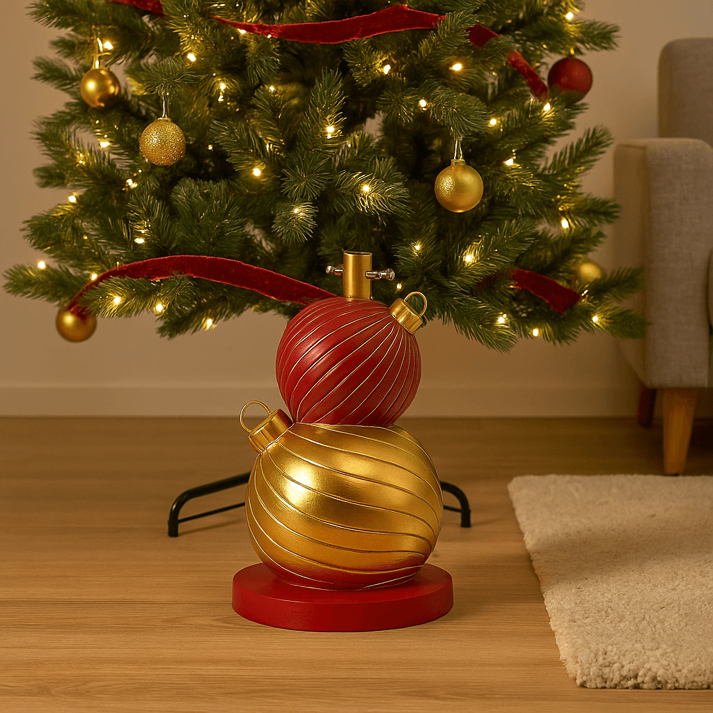 Base per albero di Natale palle natalizie rosso e oro in poliresina con tubo - 2