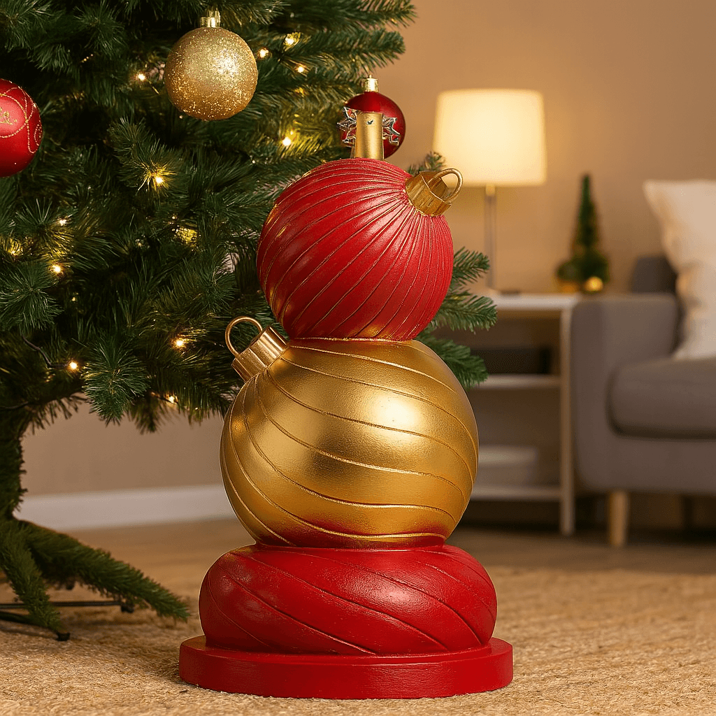Base per albero di Natale palle natalizie rosso e oro in poliresina con tubo - 3