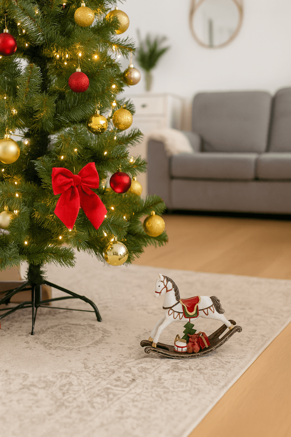 Cavallo a dondolo natalizio bianco, verde e rosso in resina decorazione per l'interno - 3
