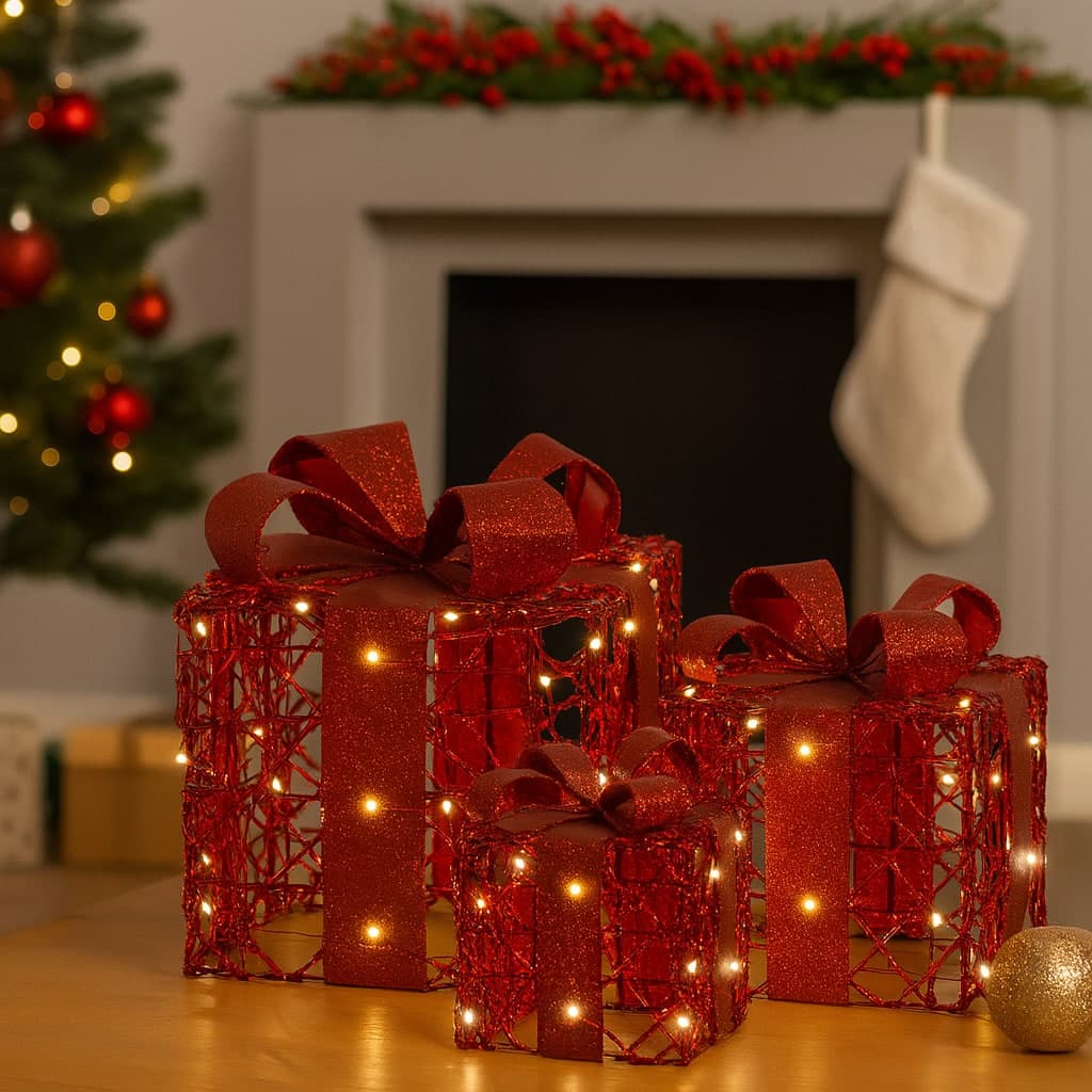 Regali natalizi in metallo con luci LED per decorazioni natalizie set da 3 pezzi - 4