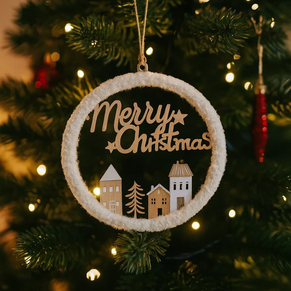 Pendente natalizio per Albero di Natale in legno con design villaggio - 4