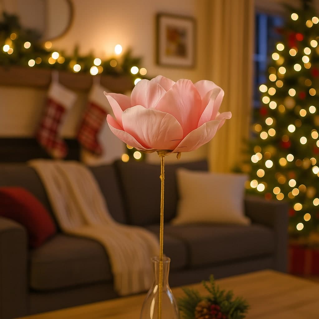 Camelia decorativa con stelo dorato in poliestere per decorazioni natalizie - 4