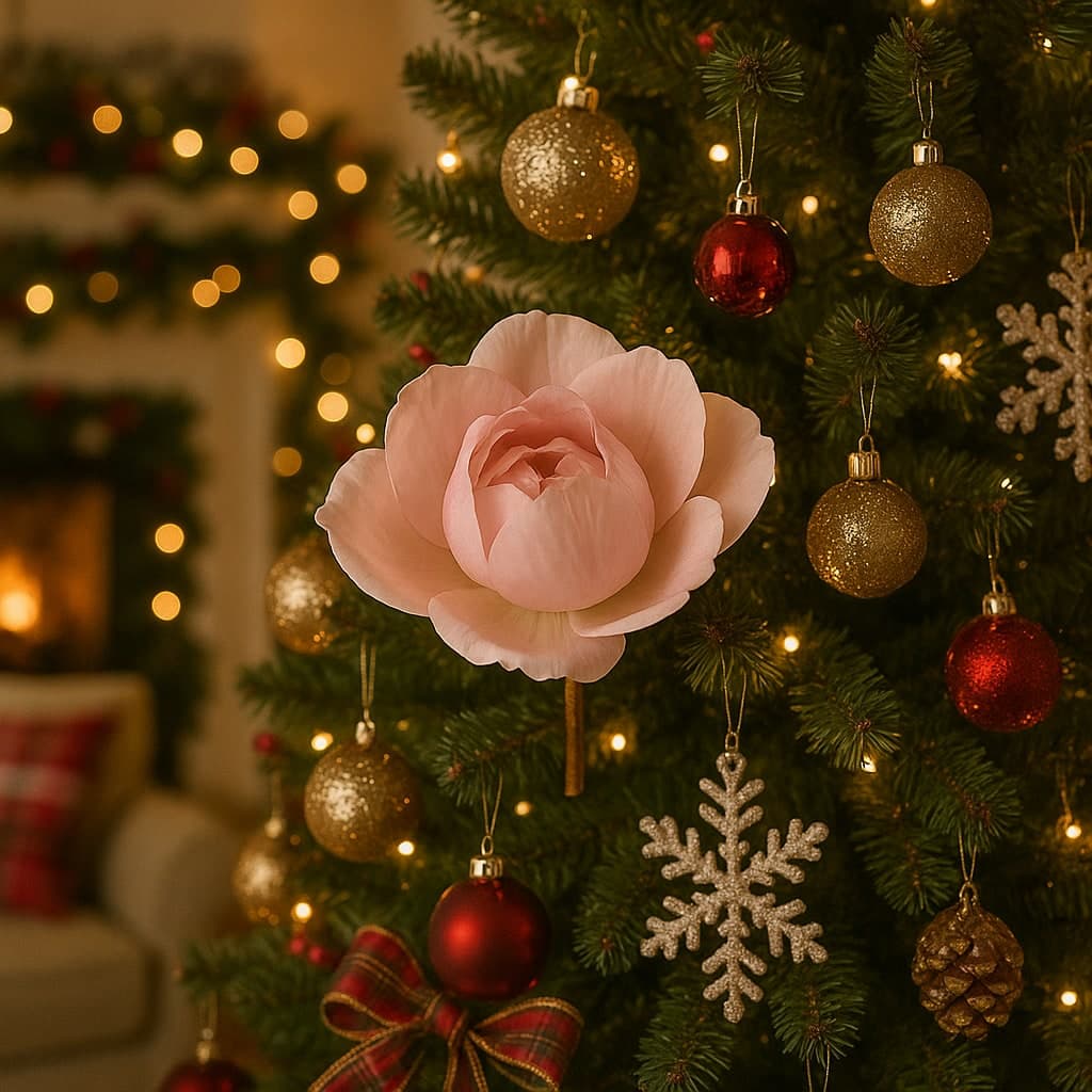 Camelia decorativa con stelo dorato in poliestere per decorazioni natalizie - 5