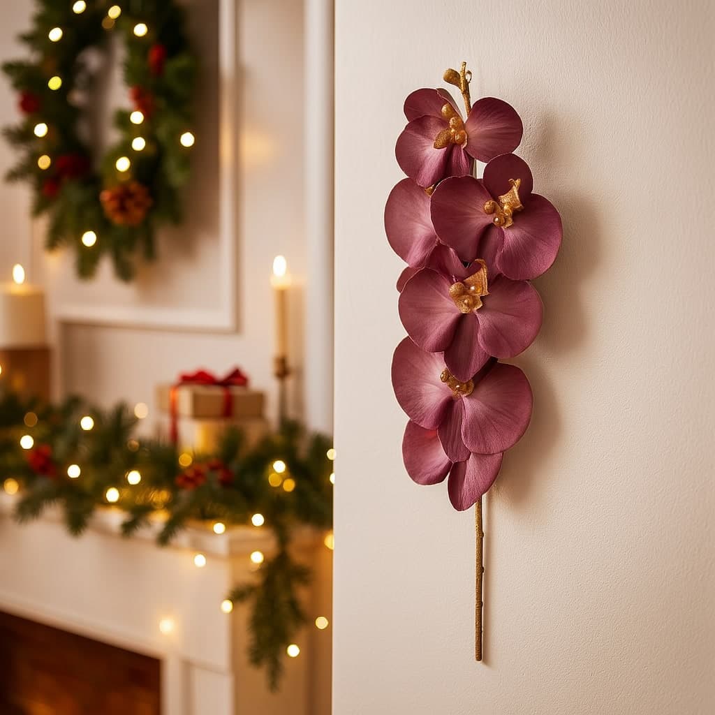 Ramo orchidea decorativo con stelo dorato in poliestere per decorazioni natalizie - 4