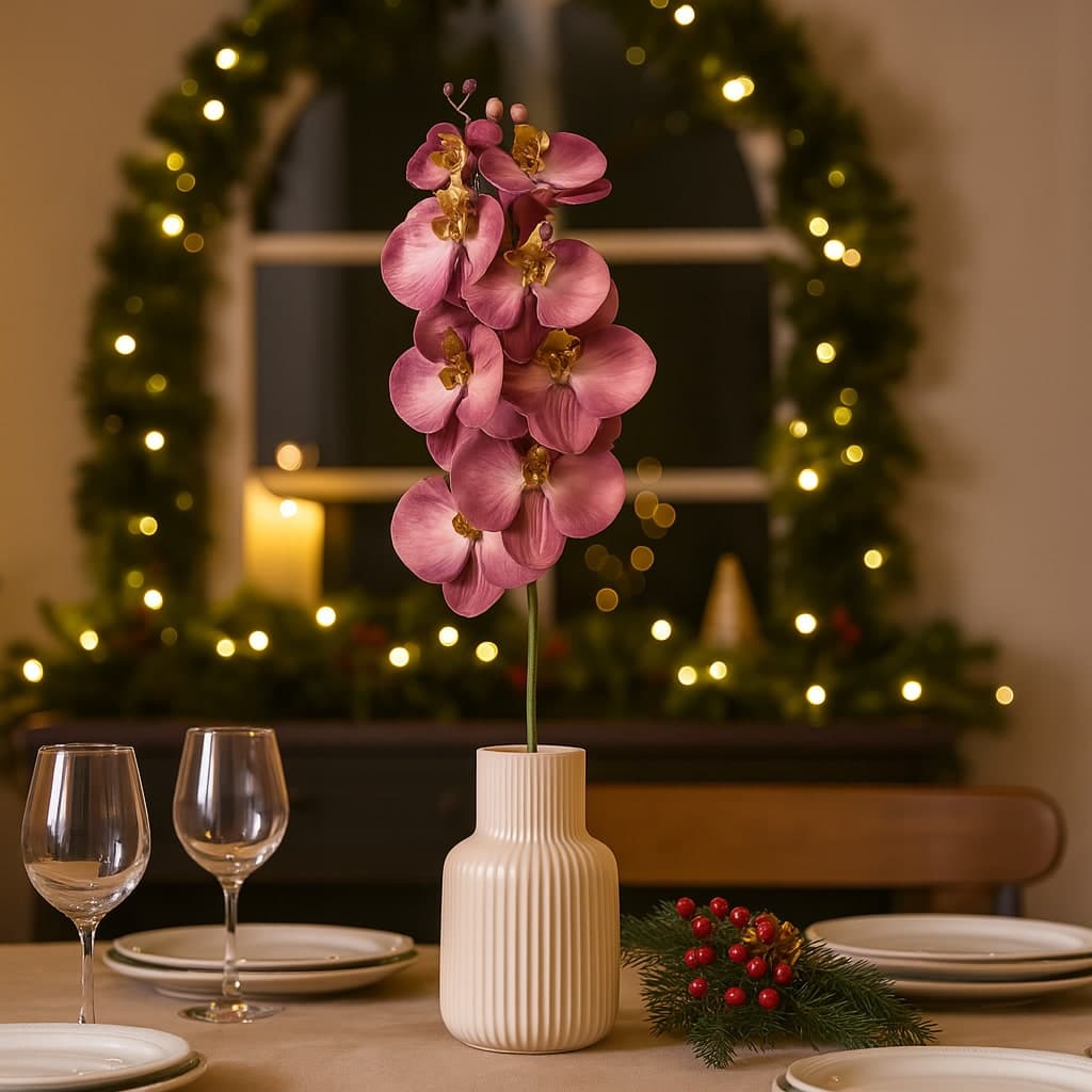 Ramo orchidea decorativo con stelo dorato in poliestere per decorazioni natalizie - 5