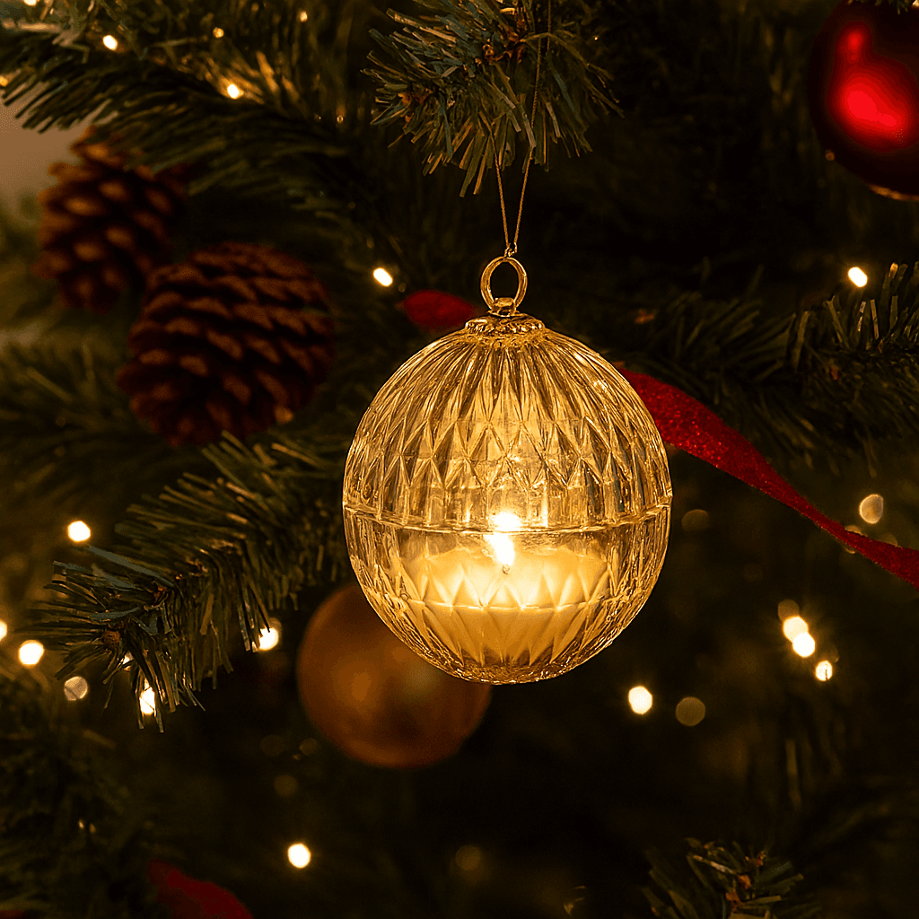 Sfera in vetro con candela con gancio dorato per decorazioni natalizie - 5