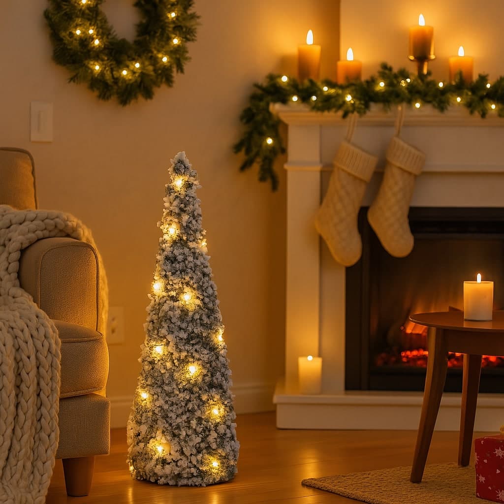 Albero decorativo cono pino innevato con luci led bianco caldo per decorazione natalizia - 2