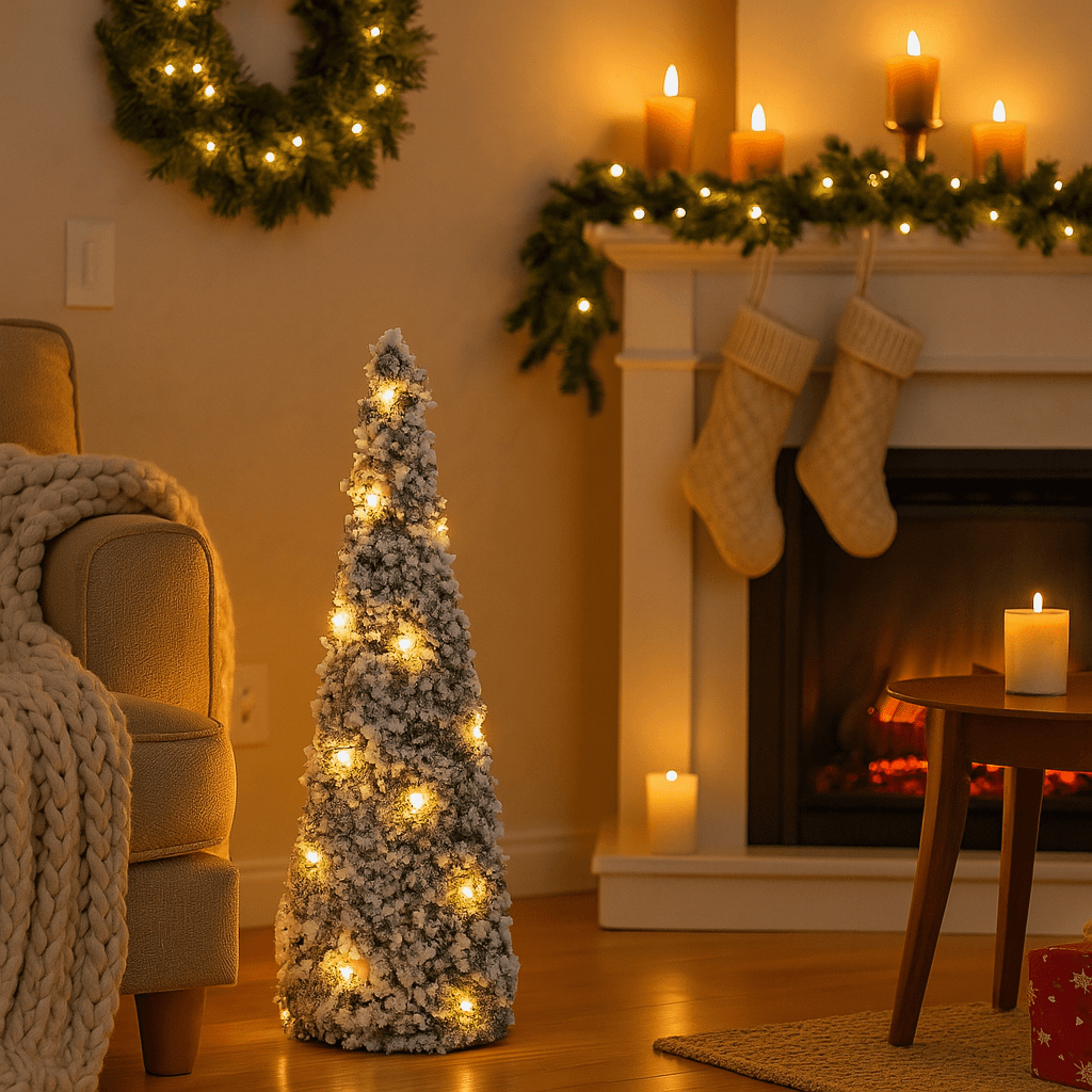 Albero decorativo cono pino innevato con luci led bianco caldo per decorazione natalizia - 2