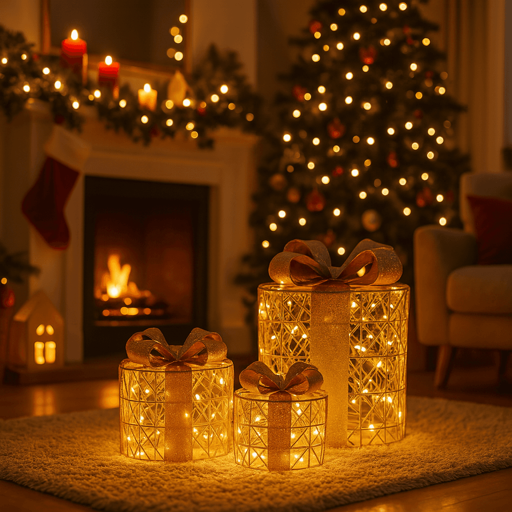 Pacchi regalo color champagne con luci Led per decorazione natalizia set da 3 - 4