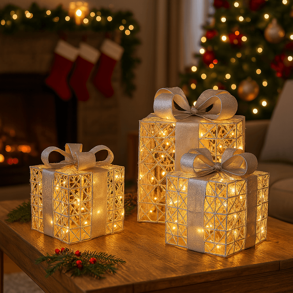 Pacchi regalo color argento con luci Led per decorazione natalizia set da 3 - 3