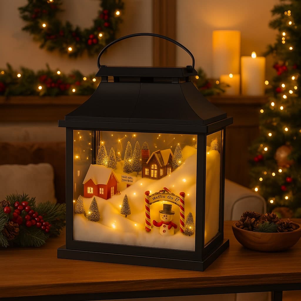 Lanterna in metallo con scena natalizia con luci Led per decorazione ambiente - 4