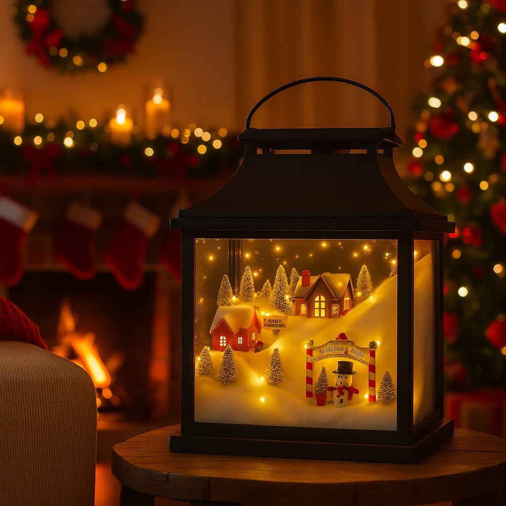 Lanterna in metallo con scena natalizia con luci Led per decorazione ambiente - 5