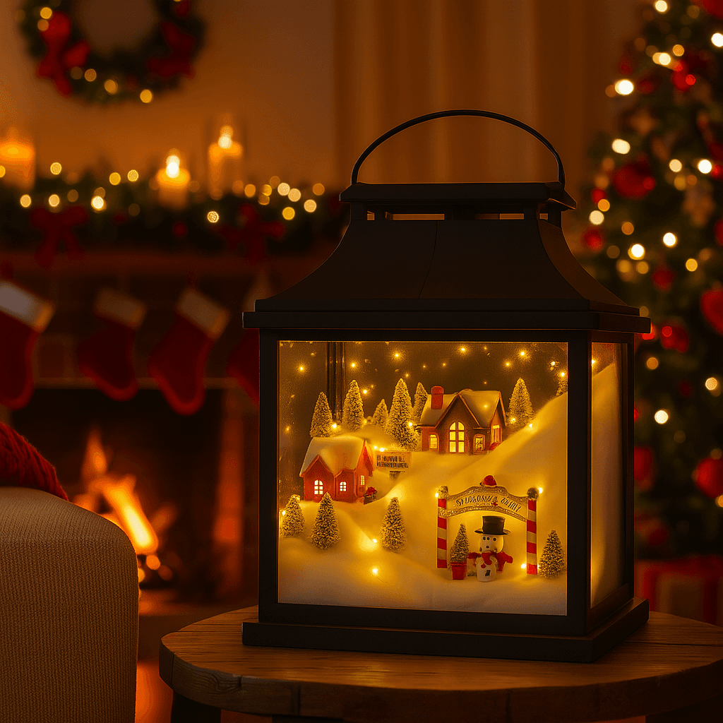 Lanterna in metallo con scena natalizia con luci Led per decorazione ambiente - 5