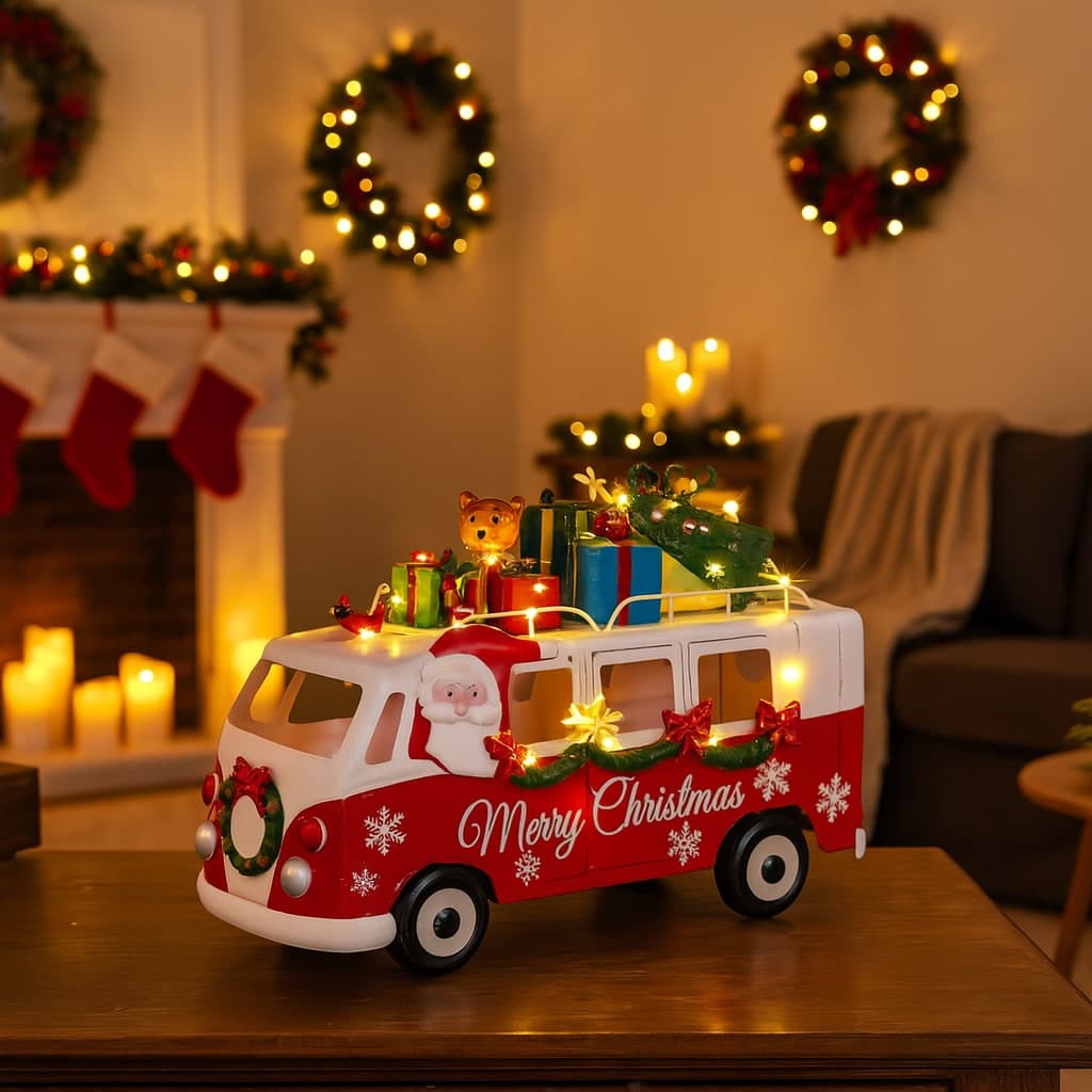 Bus di Natale in metallo con regali e luci Led per decorazioni natalizie - 3