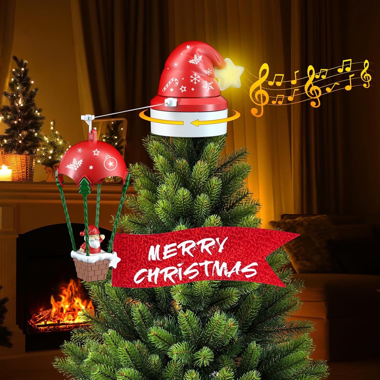 Puntale per albero di Natale con luci Led, suono e movimento per decorazioni natalizie - 4