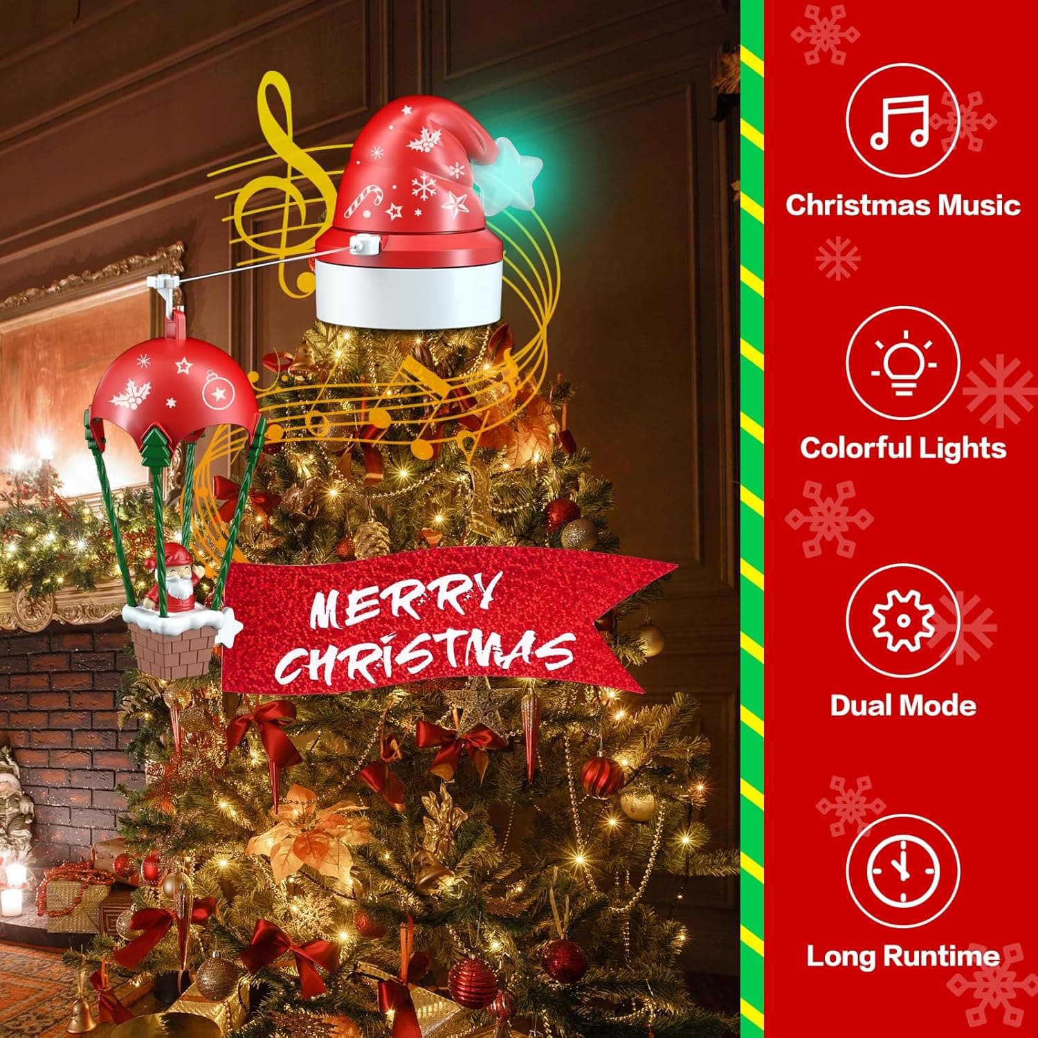 Puntale per albero di Natale con luci Led, suono e movimento per decorazioni natalizie - 5