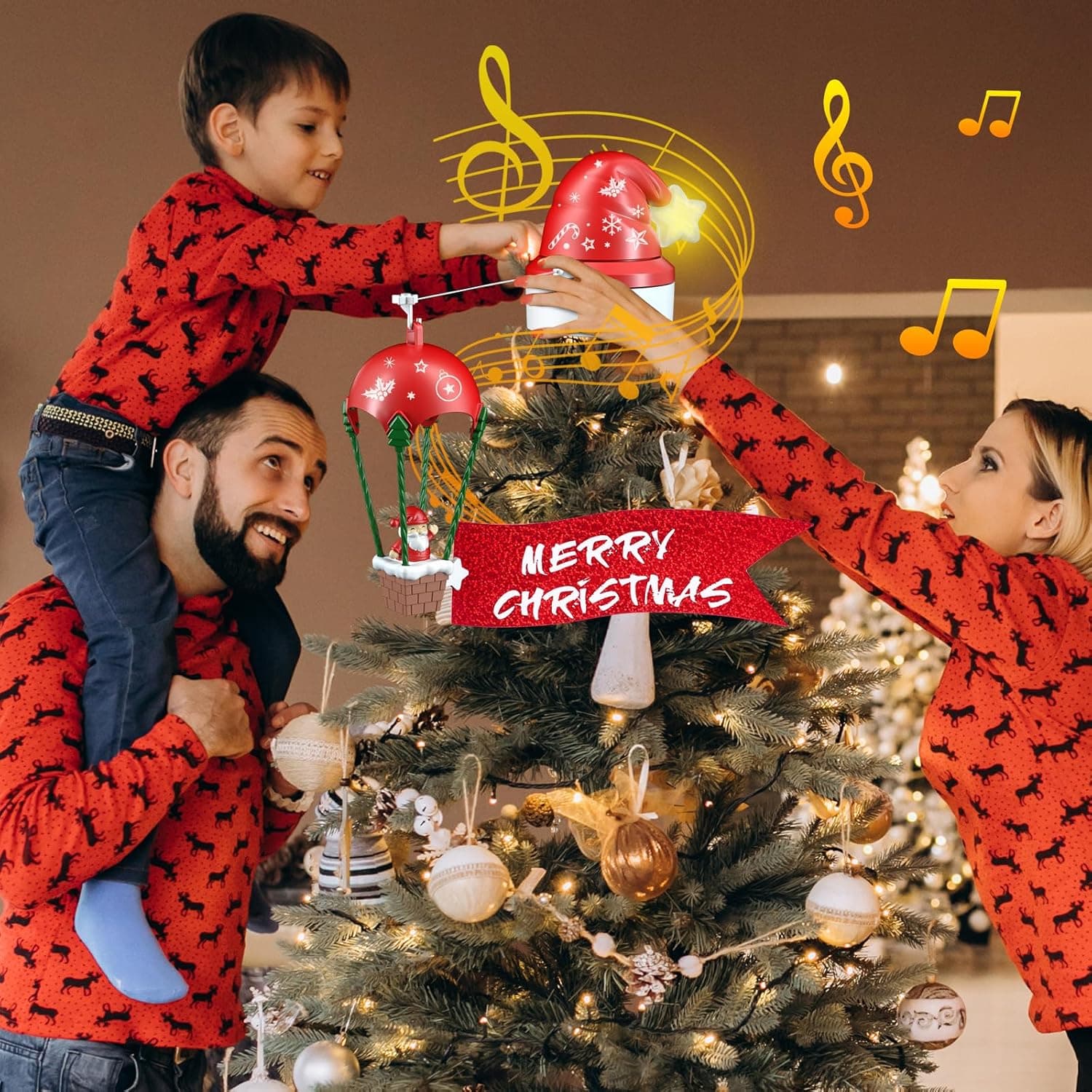 Puntale per albero di Natale con luci Led, suono e movimento per decorazioni natalizie - 6