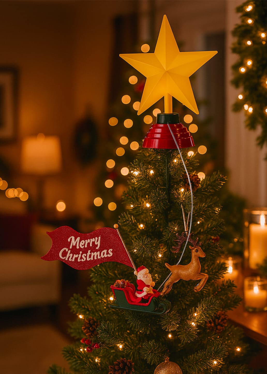 Puntale per albero di Natale con luci Led, movimento e musica per decorazioni natalizie - 2